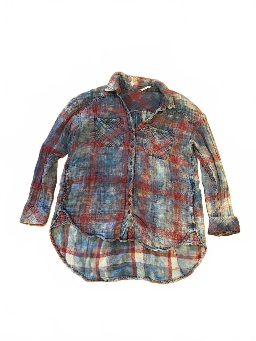 Anthropologie Blue and Red Plaid Button-Up Shirt Size Small
